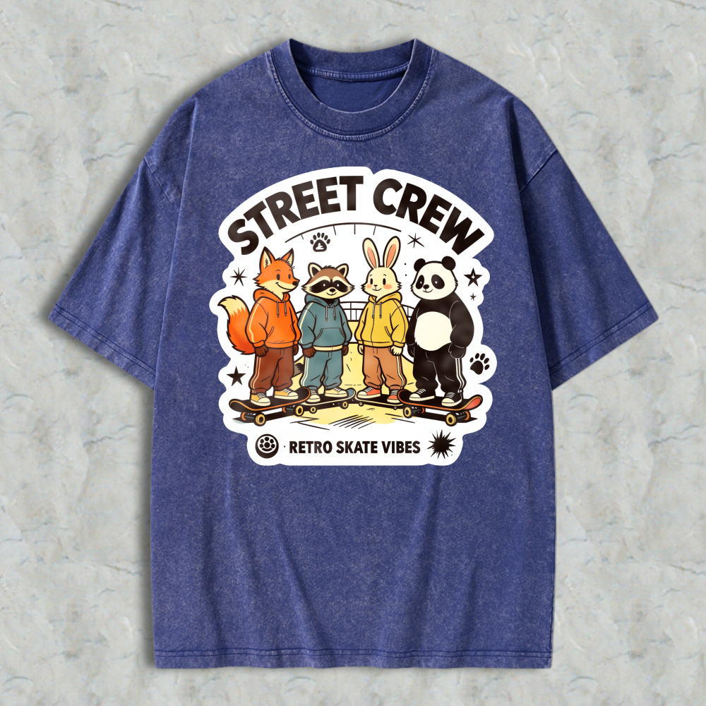Street Crew Retro Skate Vibes Cartoon Animals Graphic Washed T-shirt