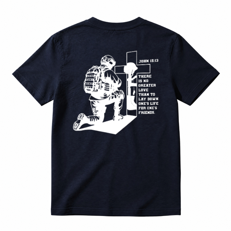 Soldier Kneeling At Cross With Bible Verse John 15:13 Unisex Classic T-shirt