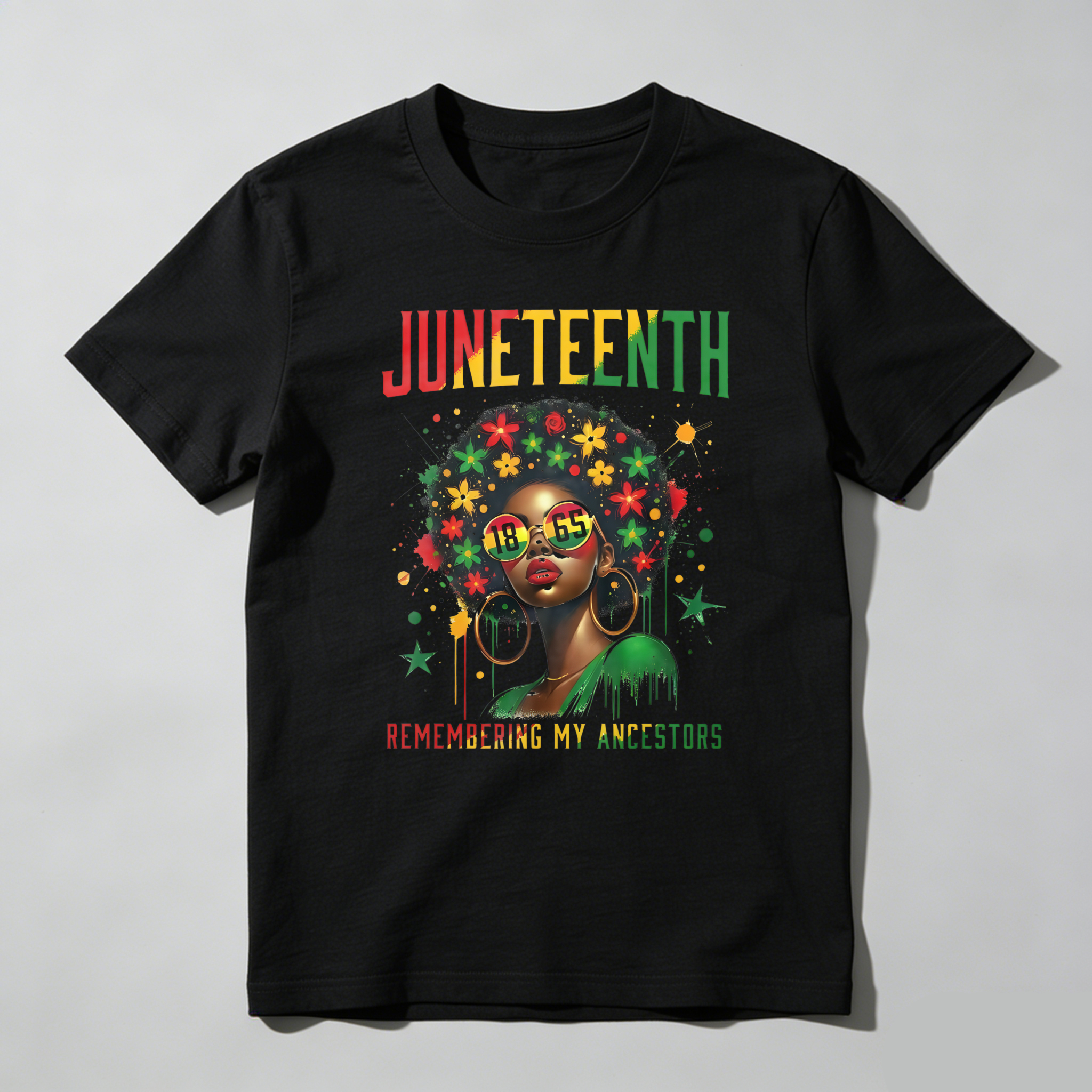Juneteenth Celebration With Woman Wearing Sunglasses And Floral Hair Design Remembering My Ancestors T-shirt