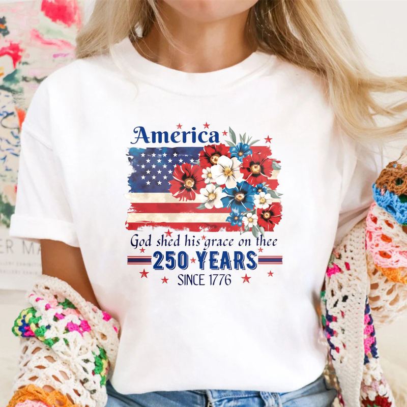 America Flag With Flowers And Patriotic Text  Classic T-shirt