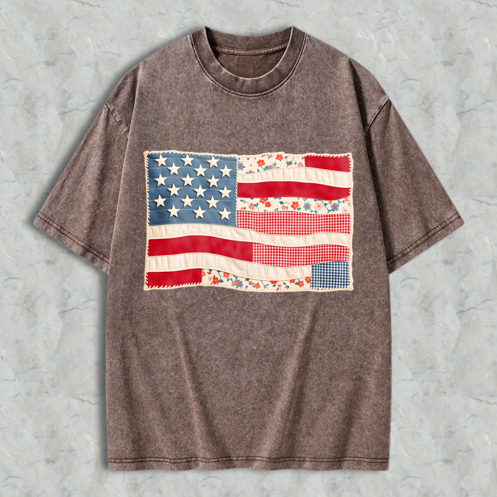 American Flag Patchwork Design Unisex Washed T-shirt