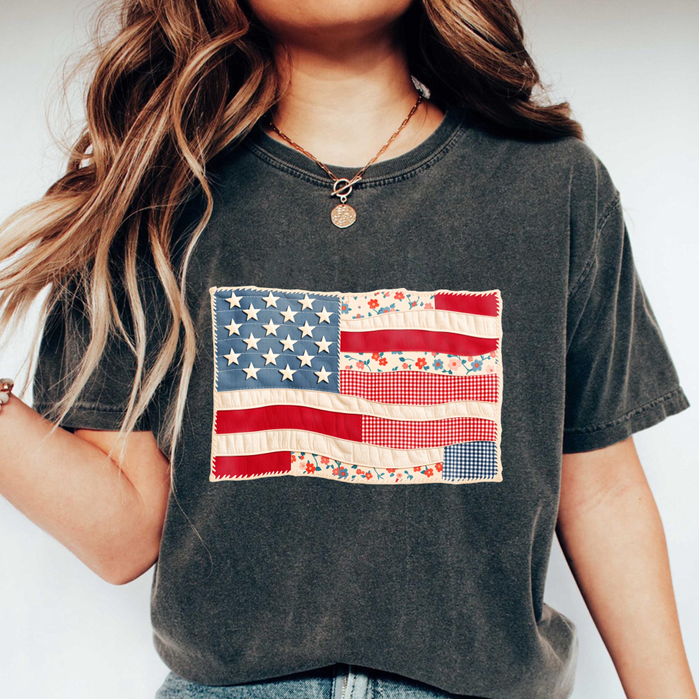 American Flag Patchwork Design Unisex Washed T-shirt