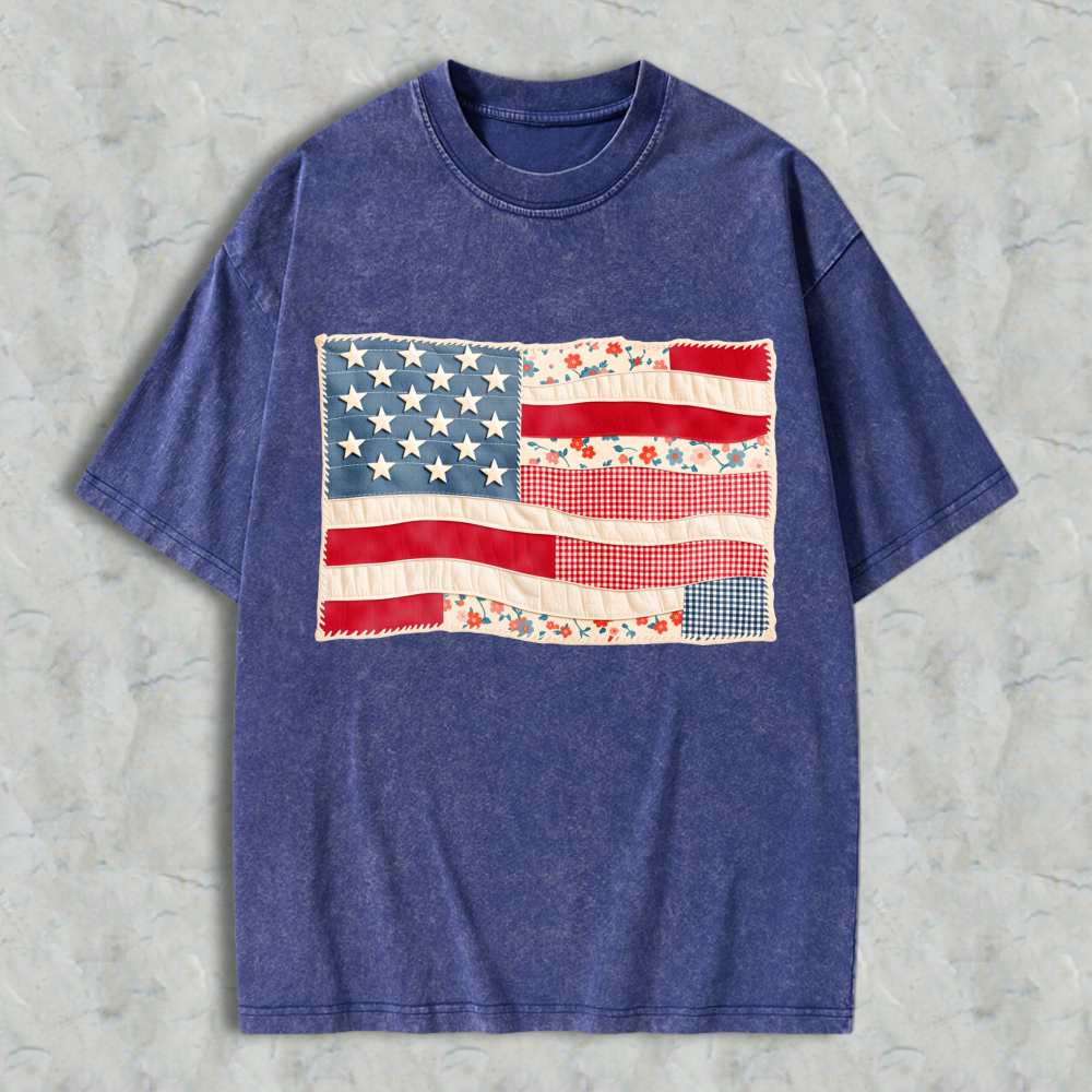 American Flag Patchwork Design Unisex Washed T-shirt