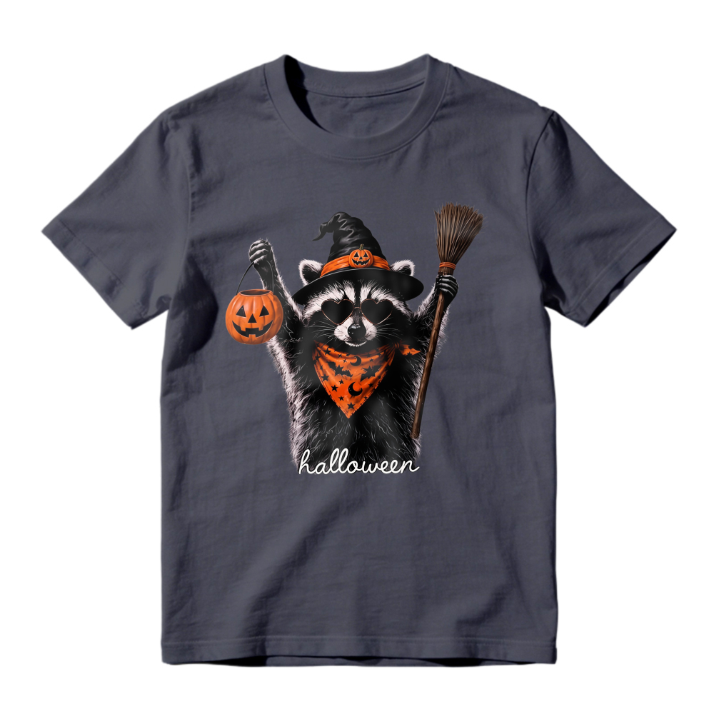 Cute Raccoon In Witch Hat Holding Pumpkin Lantern And Broom Halloween Unisex Classic T-shirt