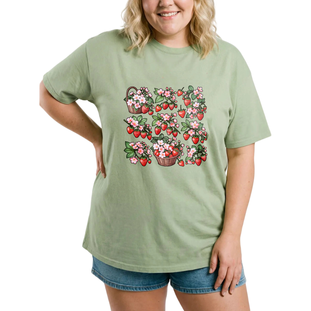 Strawberries Flowers Baskets Spring Design Pattern Print Art tshirt 100% cotton