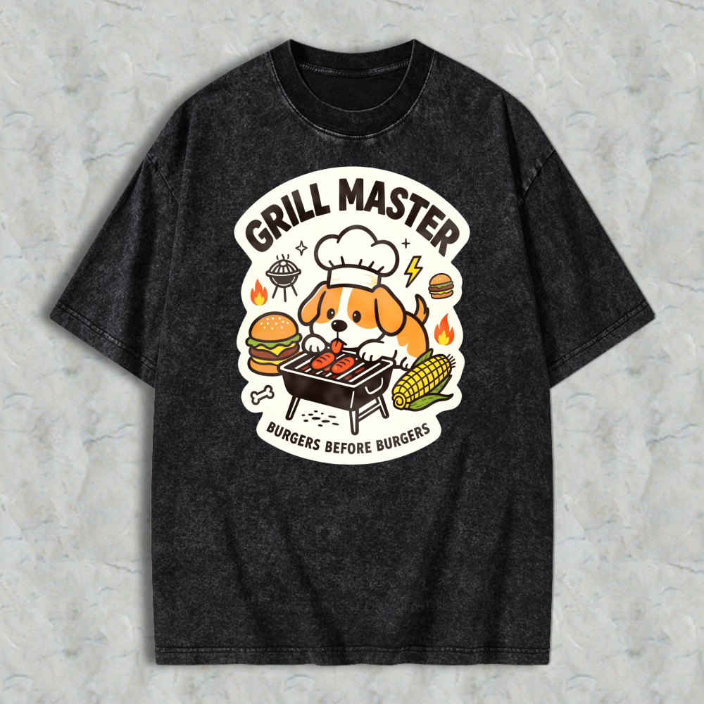 Grill Master Dog With Burger And Corn Washed T-shirt