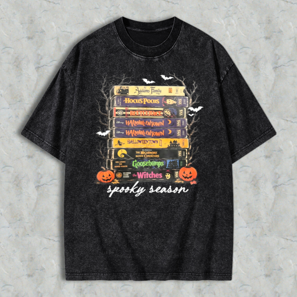 Halloween Movie Stack Spooky Season Washed T-shirt