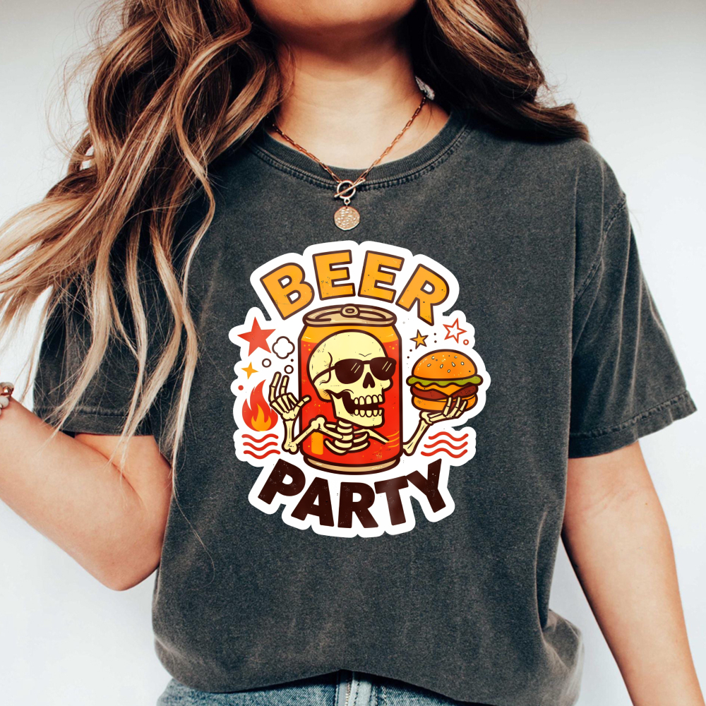 Beer Party Skull And Burger Graphic Washed T-shirt