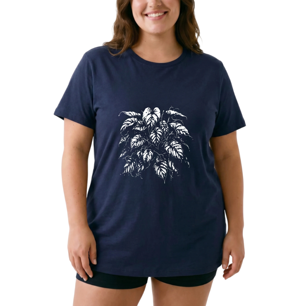 White Leaf Pattern On Black Background tshirt 100% cotton