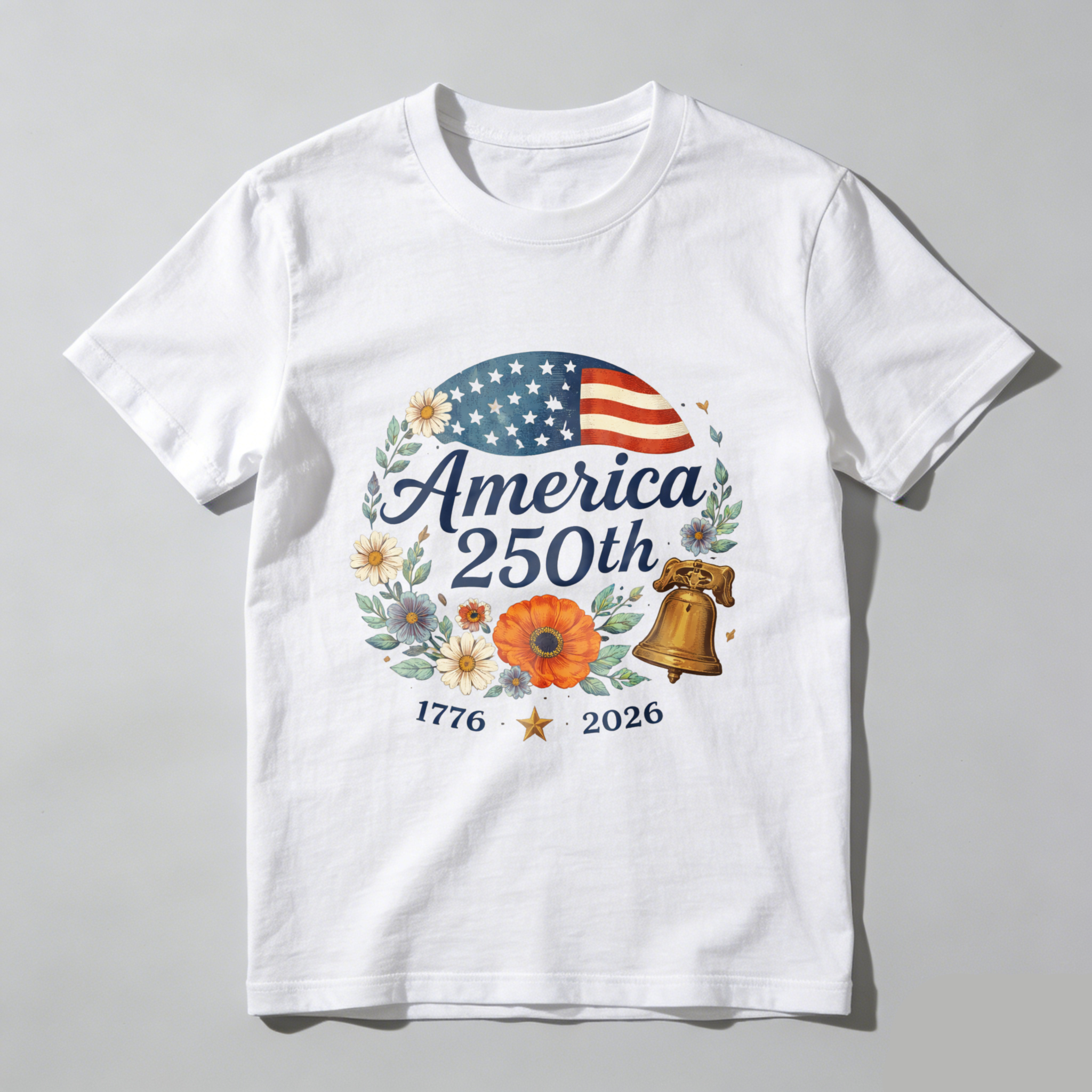 America 250th Anniversary 1776 To 2026 Independence Day Celebration T Shirt With Liberty Bell And Floral Design