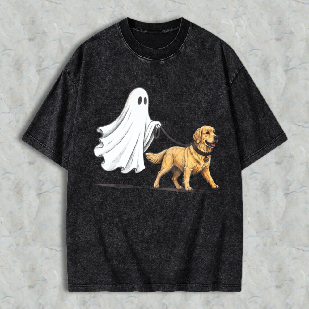 Ghost Walking Golden Retriever Dog Halloween Funny Washed T-shirt