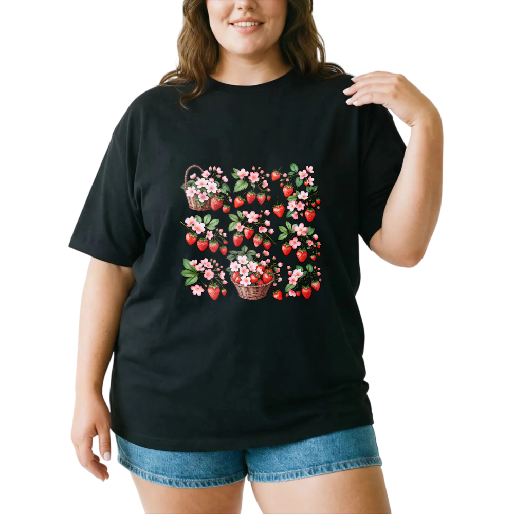 Strawberries Flowers Baskets Spring Design Pattern Print Art tshirt 100% cotton