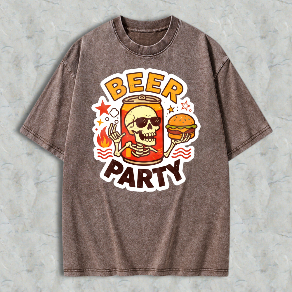 Beer Party Skull And Burger Graphic Washed T-shirt