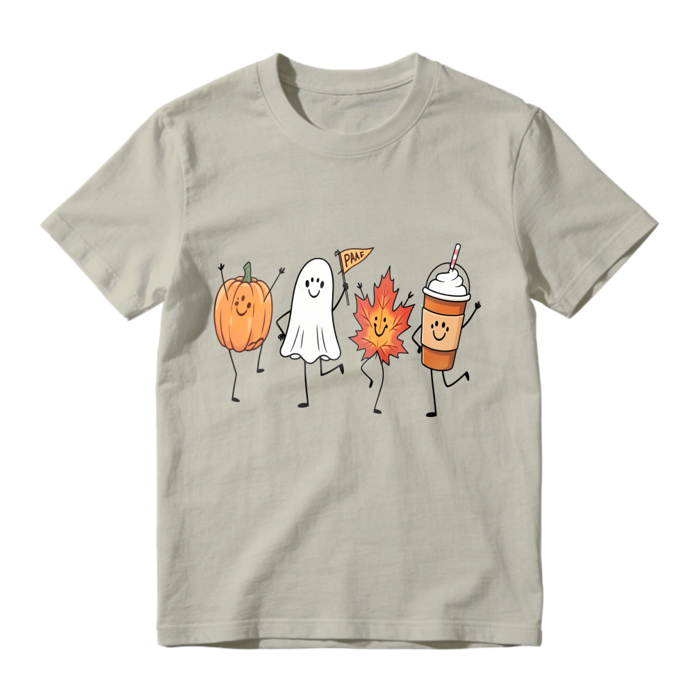 Cute Halloween Pumpkin Ghost Maple Leaf And Coffee Cup Dancing Characters Unisex Classic T-shirt