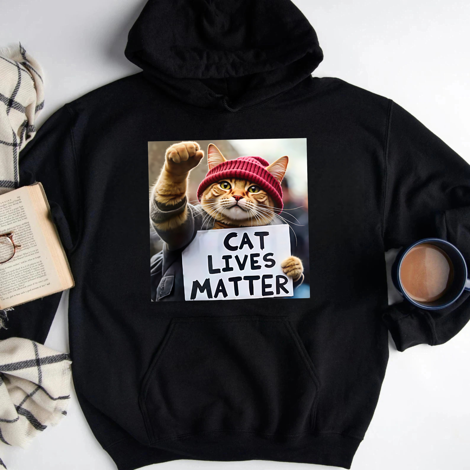 Cat Wearing Red Beanie Holding Cat Lives Matter Sign Sweatshirt