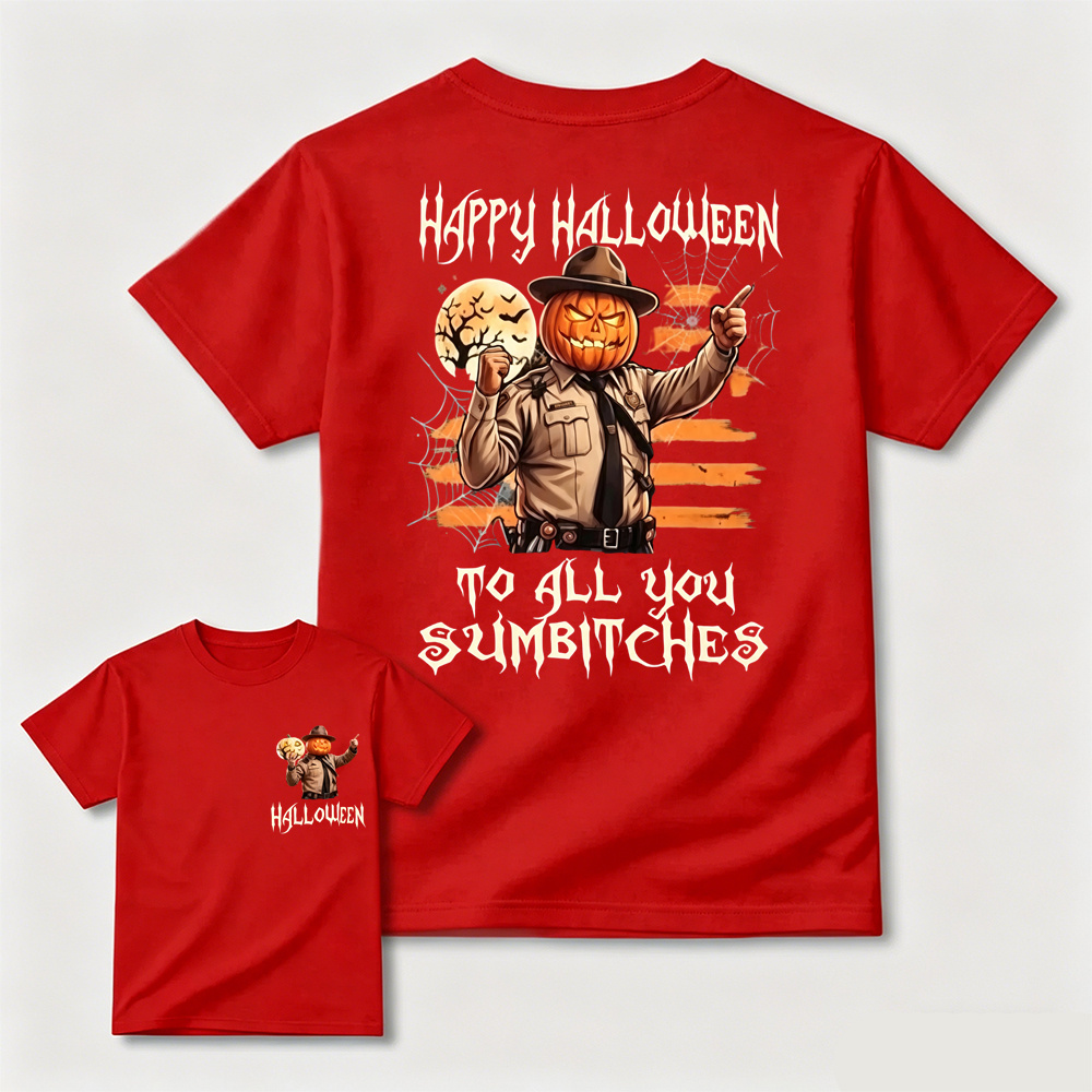 Men Retro Pumpkin Sheriff Happy Halloween Graphic T-Shirt Spooky Moon Bat Spider Web Distressed Flag Print Casual Short Sleeve Cotton Tee