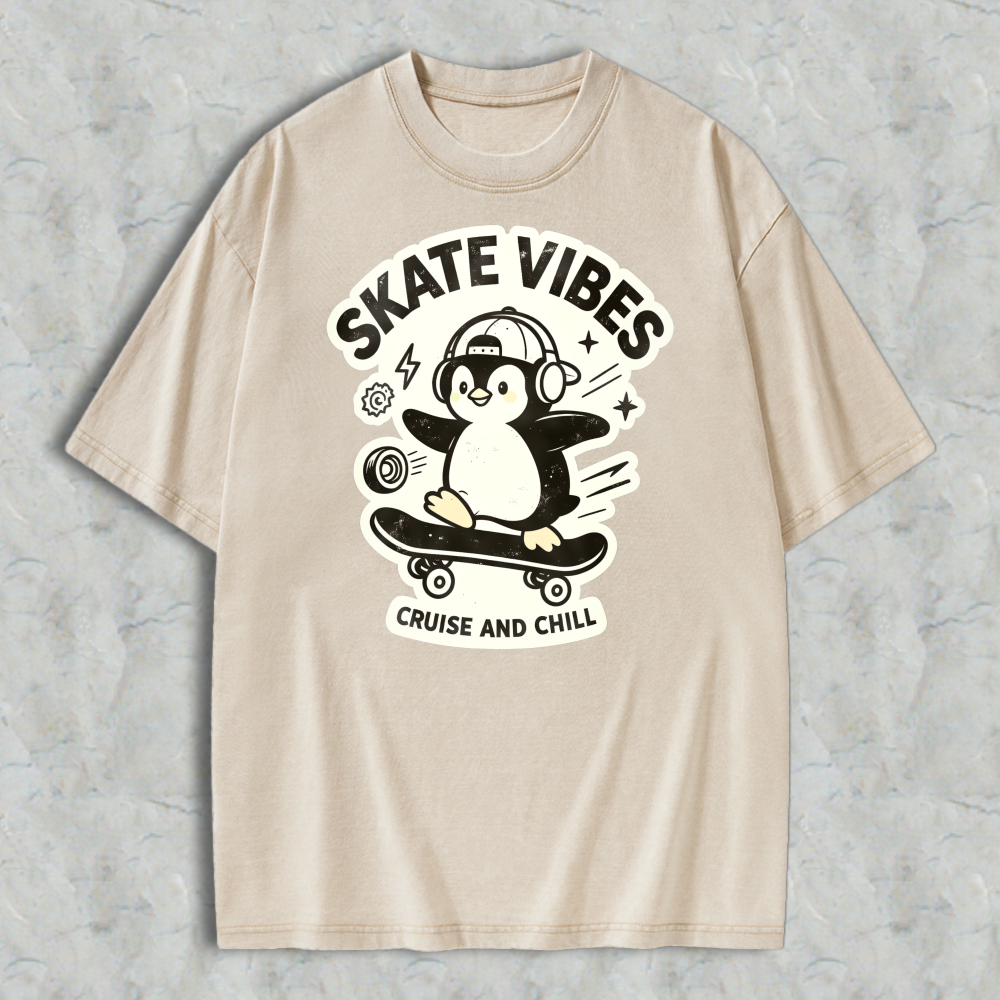 Skate Vibes Penguin On Skateboard Cruise And Chill Graphic Washed T-shirt