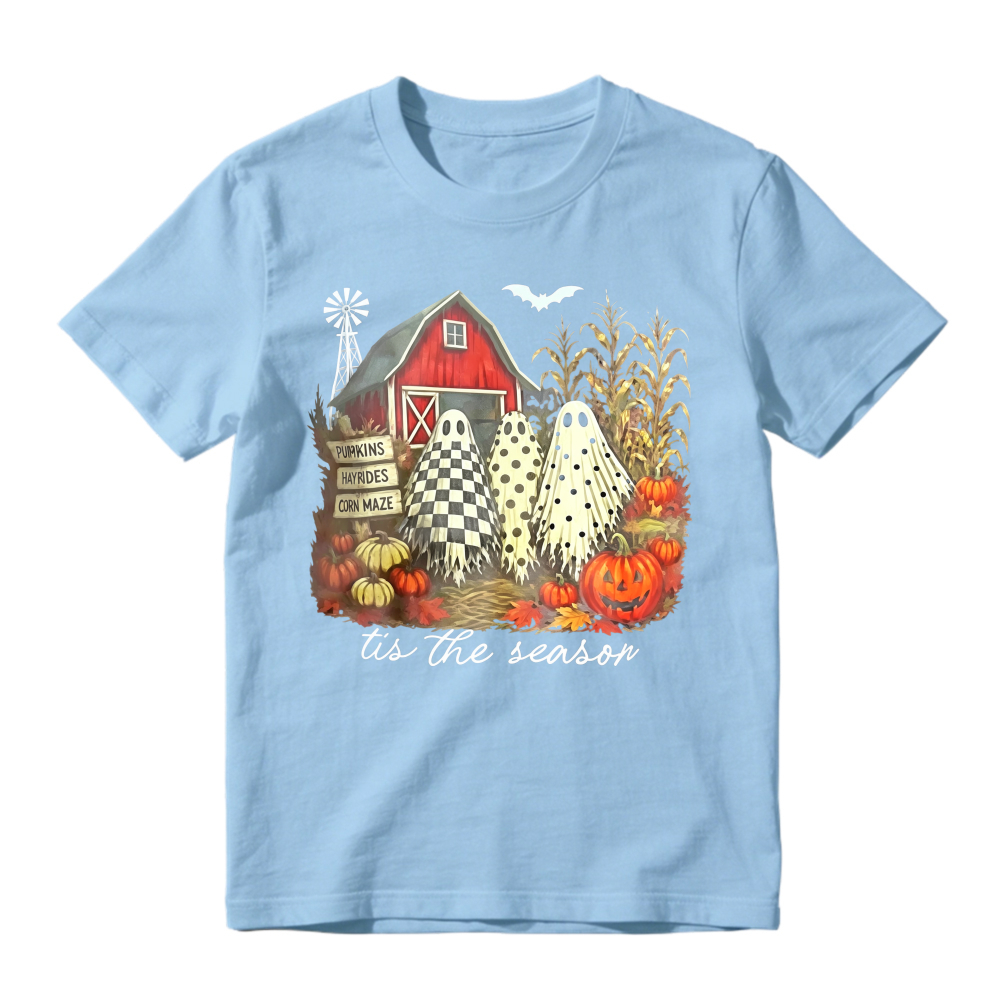 Halloween Farm Scene With Ghosts Pumpkins And Red Barn Tis The Season Unisex Classic T-shirt