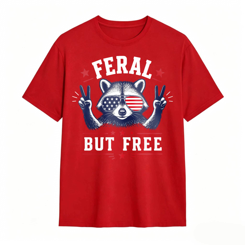 Feral But Free Raccoon American Flag 100% Cotton Graphic T-shirt