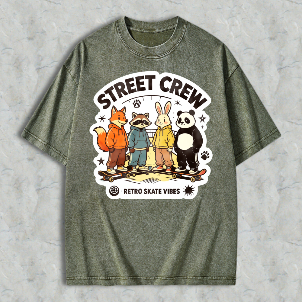 Street Crew Retro Skate Vibes Cartoon Animals Graphic Washed T-shirt