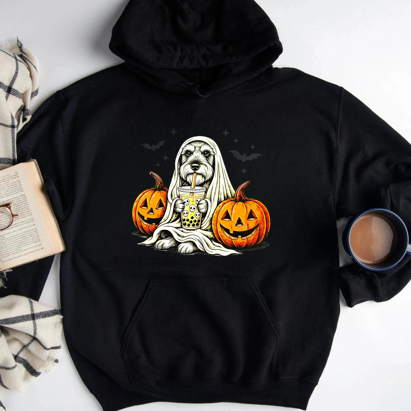 Cute Ghost Drinking Boba Tea With Jack O Lantern Pumpkins Halloween Sweatshirt