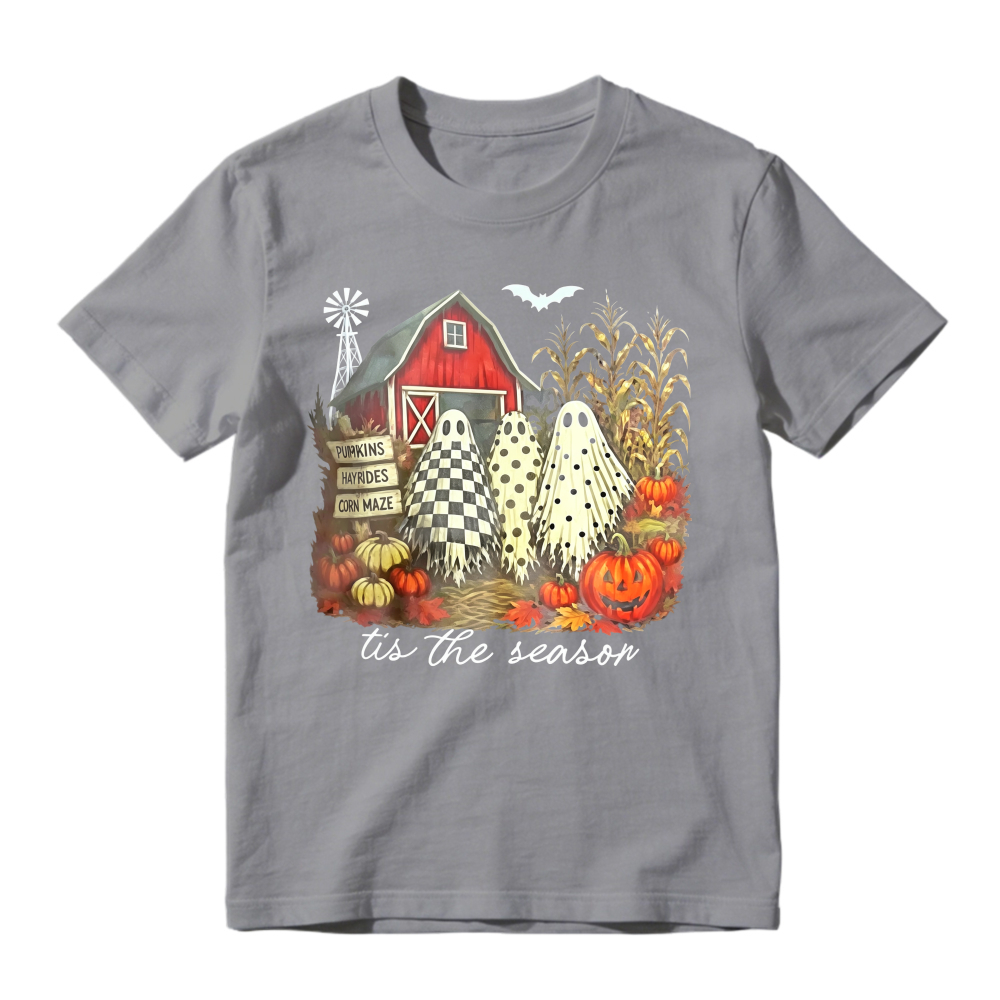 Halloween Farm Scene With Ghosts Pumpkins And Red Barn Tis The Season Unisex Classic T-shirt