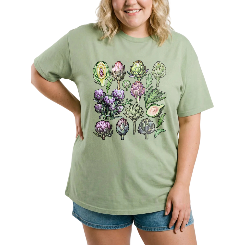 Artichoke Botanical Illustration Pattern tshirt 100% cotton