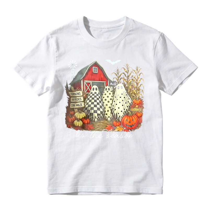 Halloween Farm Scene With Ghosts Pumpkins And Red Barn Tis The Season Unisex Classic T-shirt