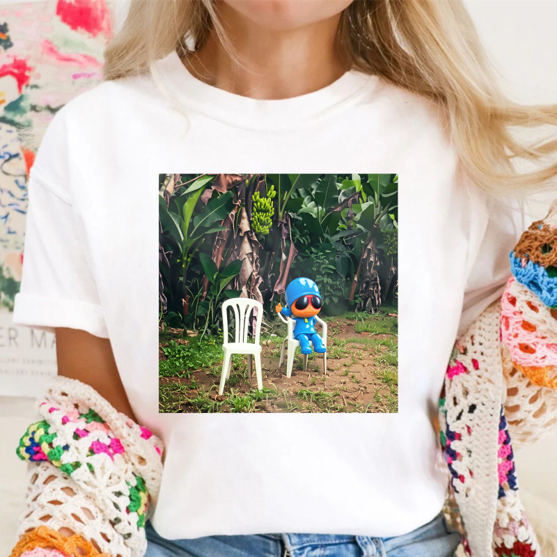 Blue Cartoon Character Sitting On White Chair In Tropical Jungle Unisex Classic T Shirt