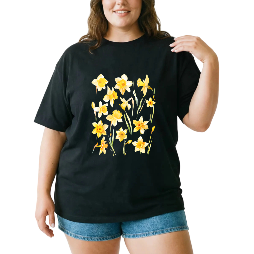 Yellow Daffodils Floral Pattern Print tshirt 100% cotton