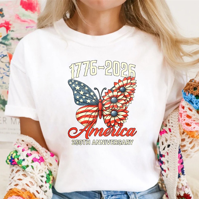 Butterfly With American Flag And Flowers 1776 2026 America 250th Anniversary  Classic T-shirt