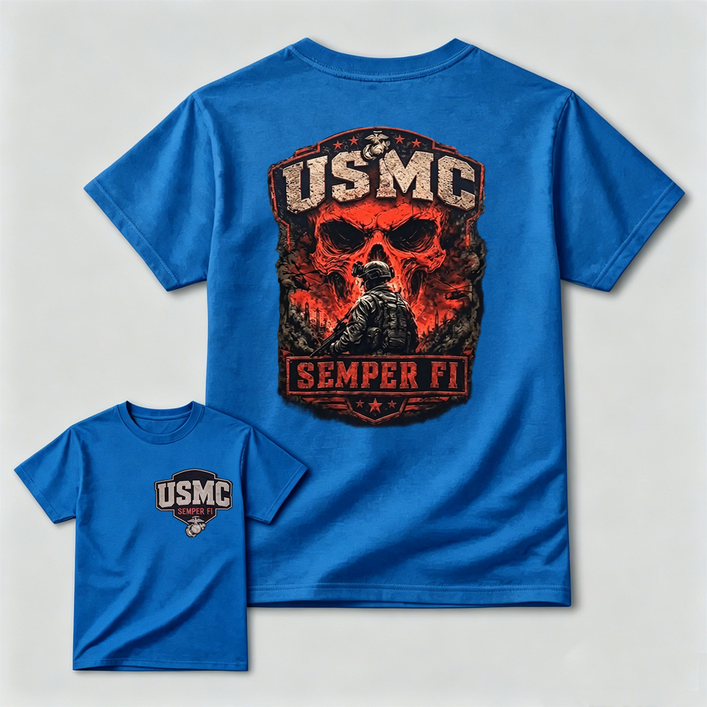 USMC Semper Fi Skull Soldier Dual-Sided Print T-Shirt | Patriotic Marine Veteran Tee