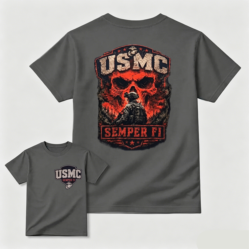 USMC Semper Fi Skull Soldier Dual-Sided Print T-Shirt | Patriotic Marine Veteran Tee