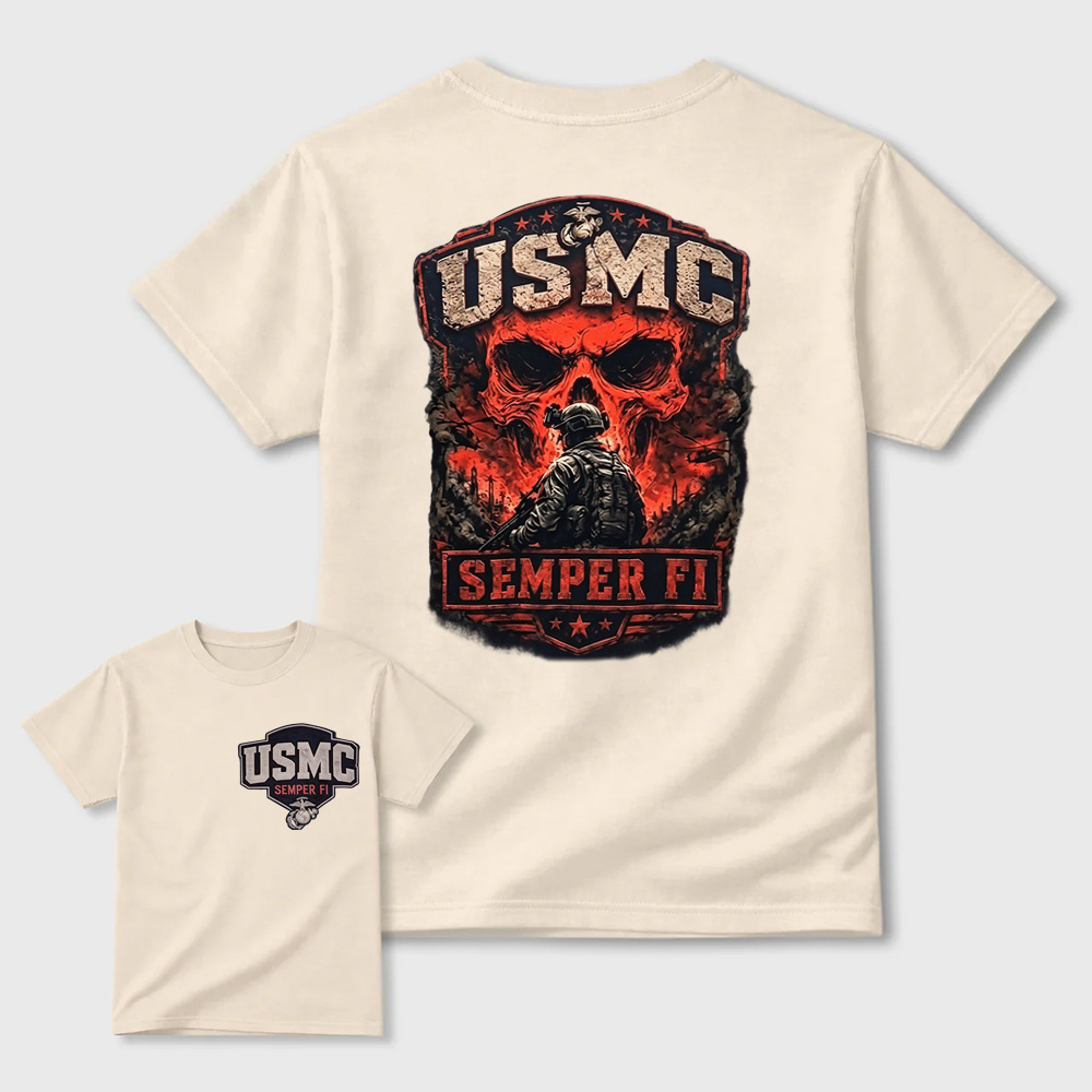 USMC Semper Fi Skull Soldier Dual-Sided Print T-Shirt | Patriotic Marine Veteran Tee