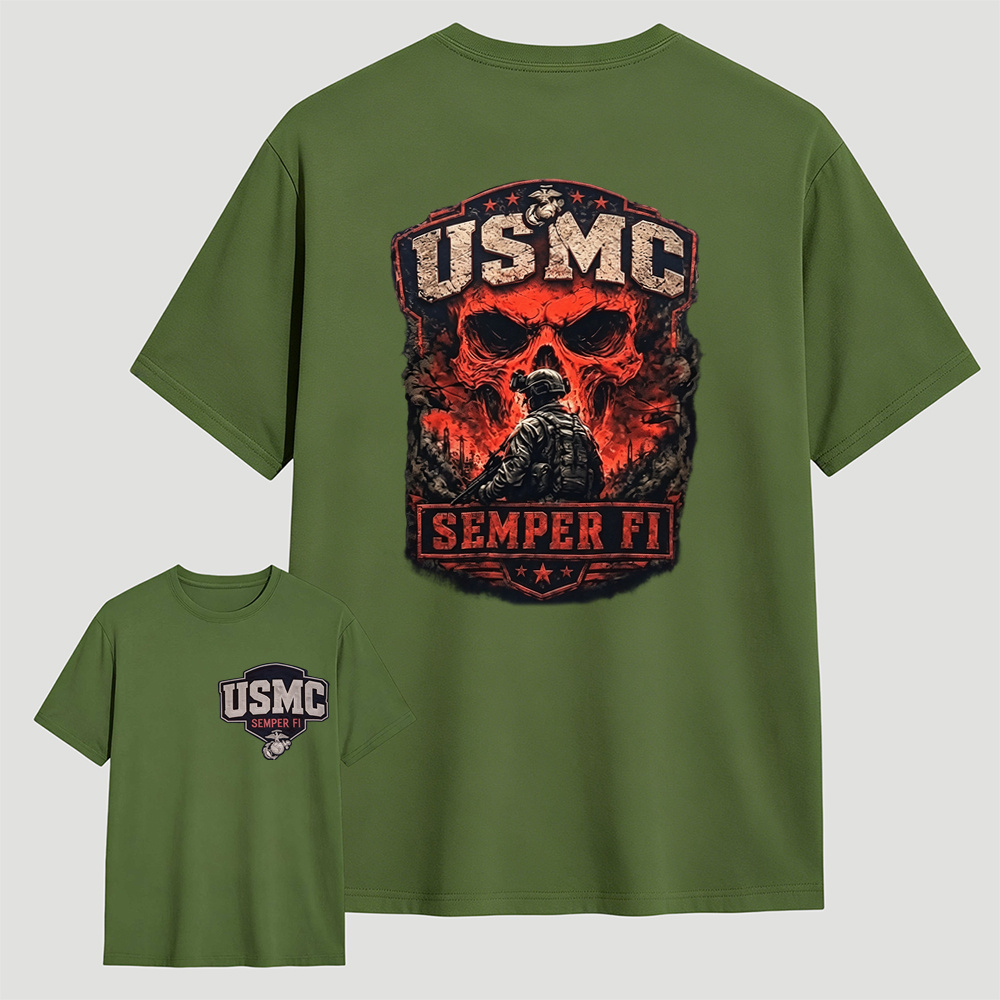 USMC Semper Fi Skull Soldier Dual-Sided Print T-Shirt | Patriotic Marine Veteran Tee