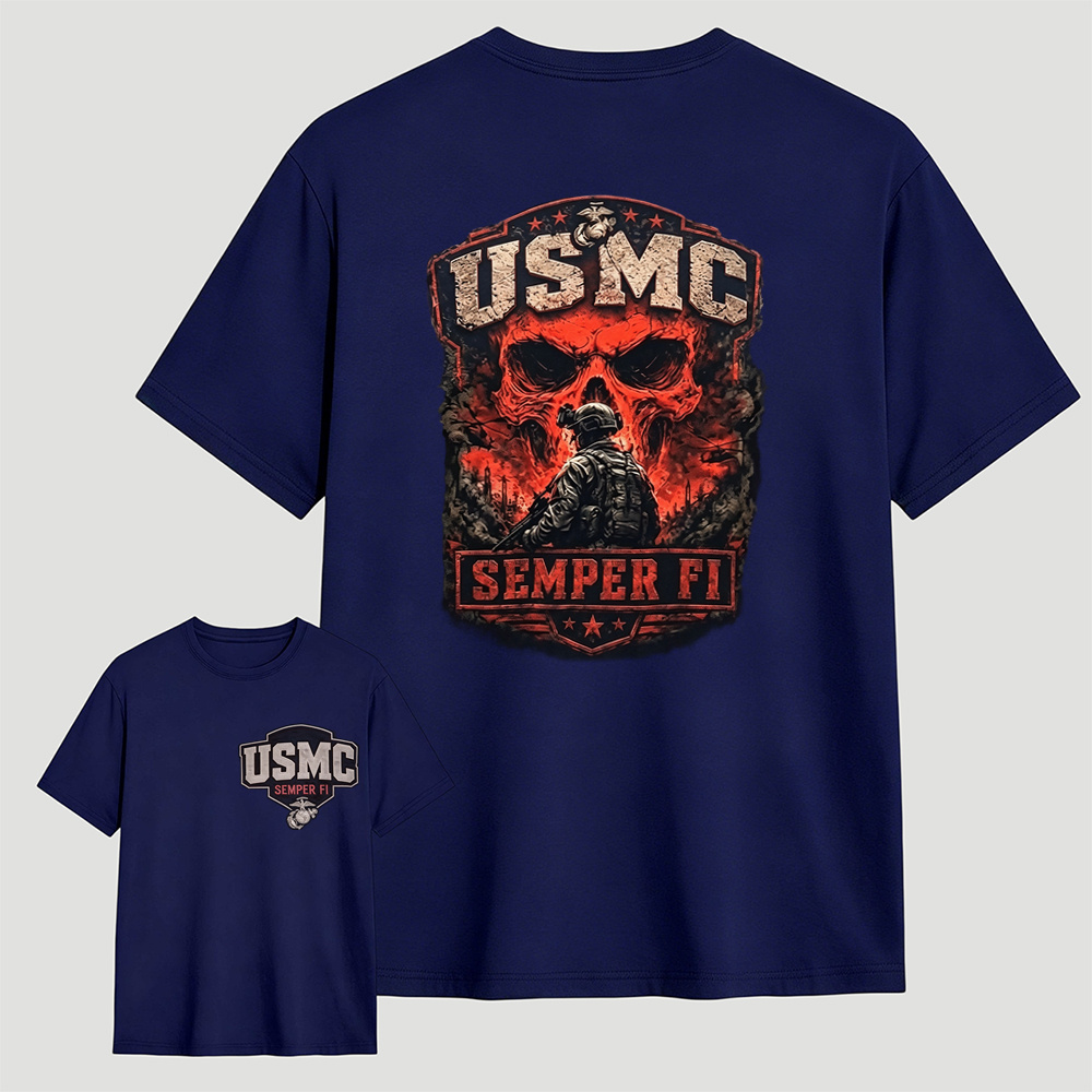 USMC Semper Fi Skull Soldier Dual-Sided Print T-Shirt | Patriotic Marine Veteran Tee