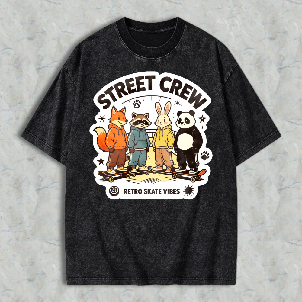 Street Crew Retro Skate Vibes Cartoon Animals Graphic Washed T-shirt