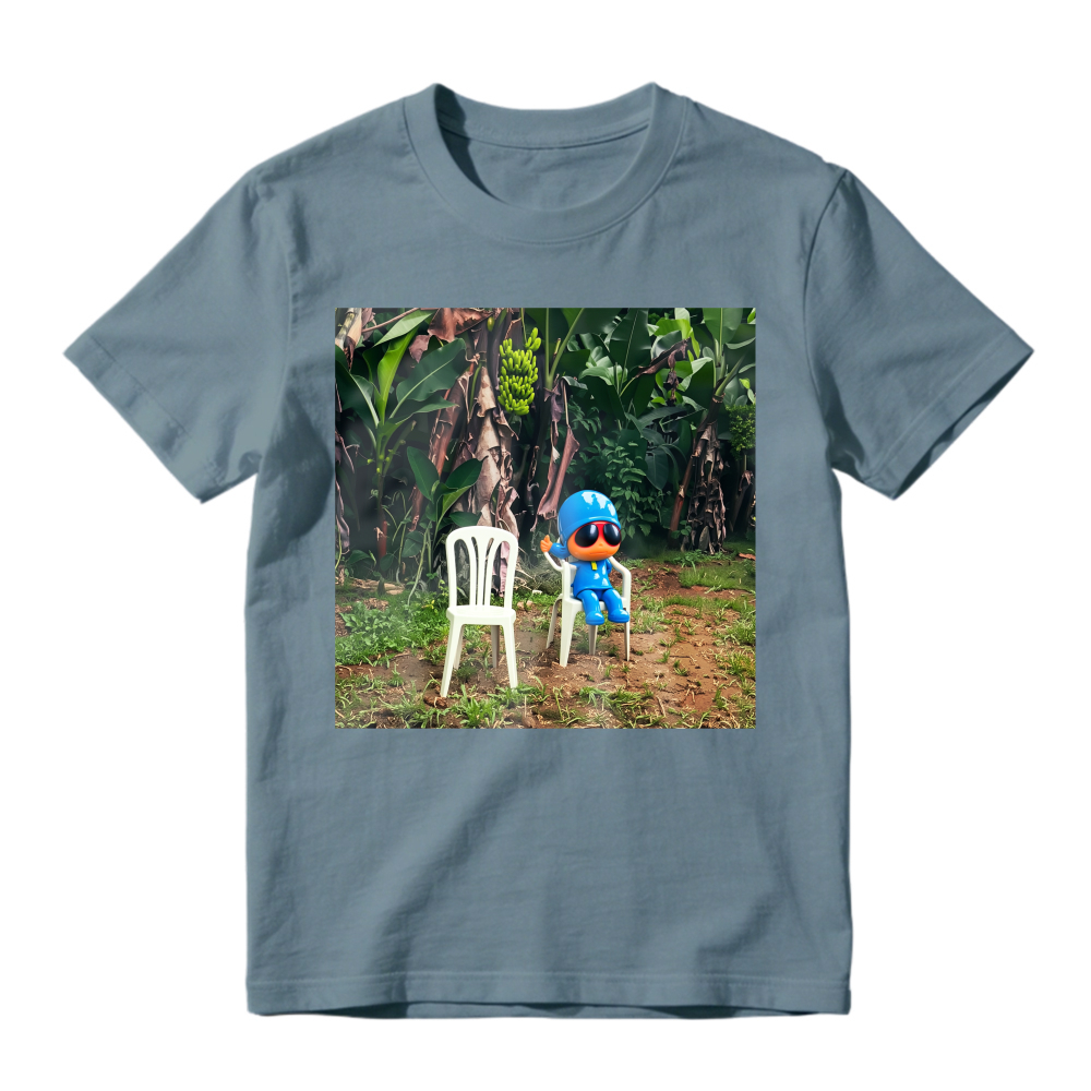 Blue Cartoon Character Sitting On White Chair In Tropical Jungle Unisex Classic T Shirt