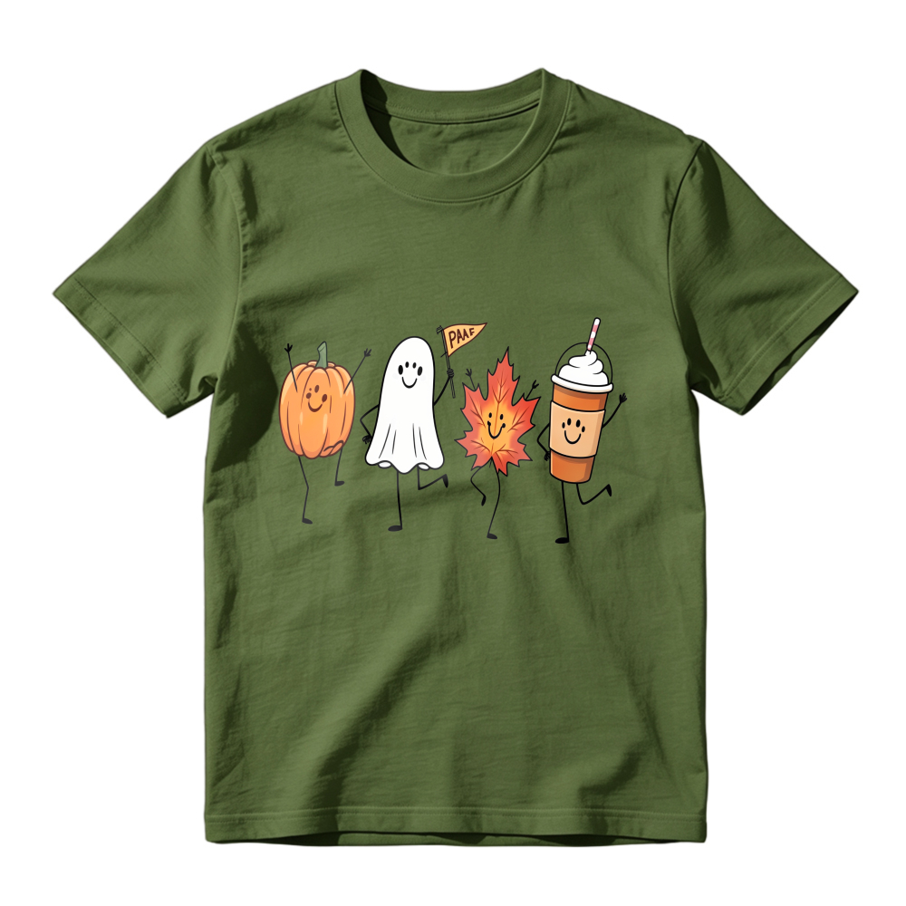 Cute Halloween Pumpkin Ghost Maple Leaf And Coffee Cup Dancing Characters Unisex Classic T-shirt