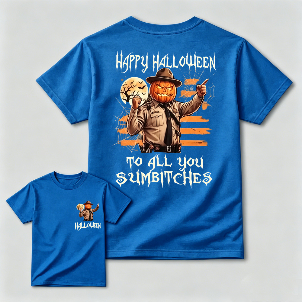 Men Retro Pumpkin Sheriff Happy Halloween Graphic T-Shirt Spooky Moon Bat Spider Web Distressed Flag Print Casual Short Sleeve Cotton Tee