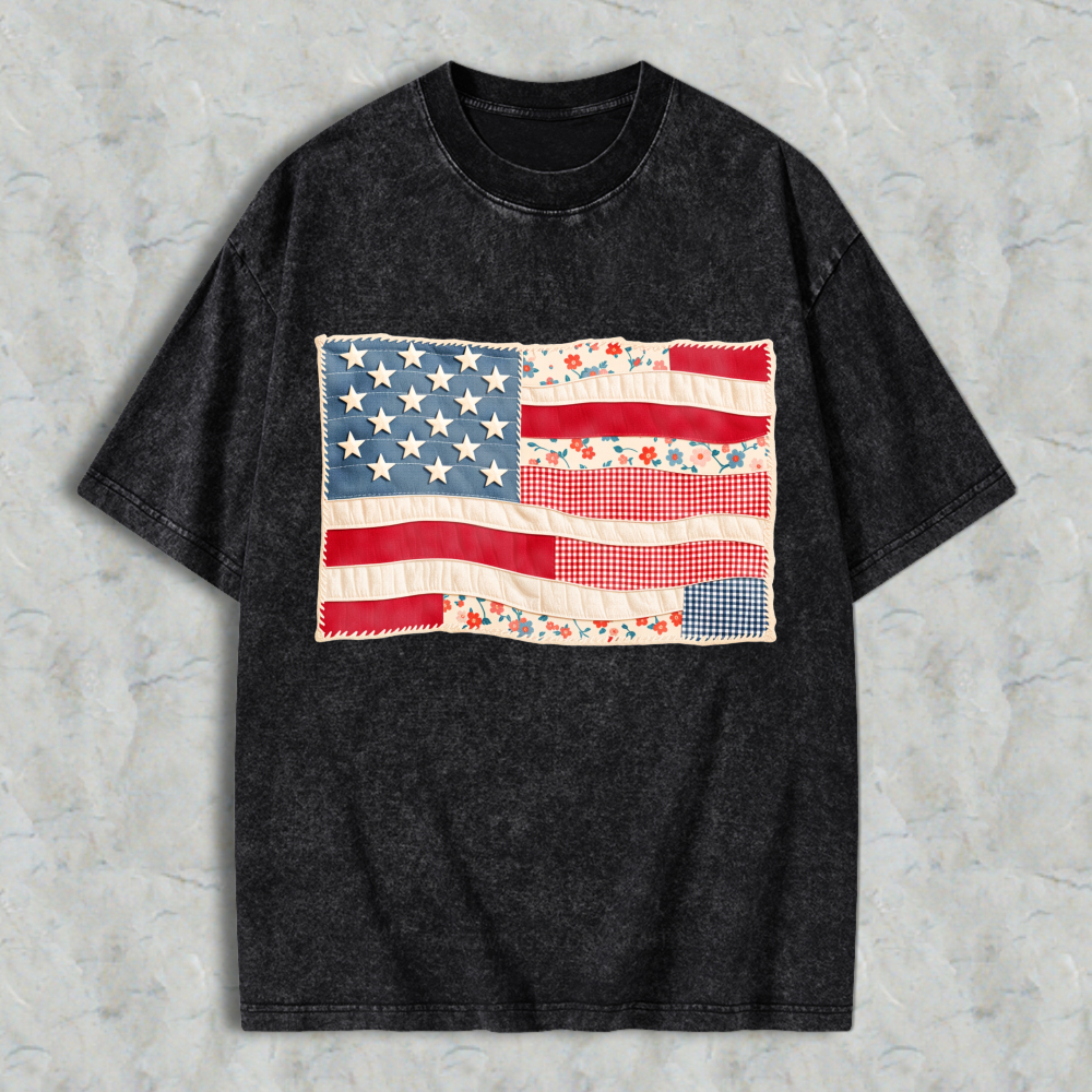 American Flag Patchwork Design Unisex Washed T-shirt