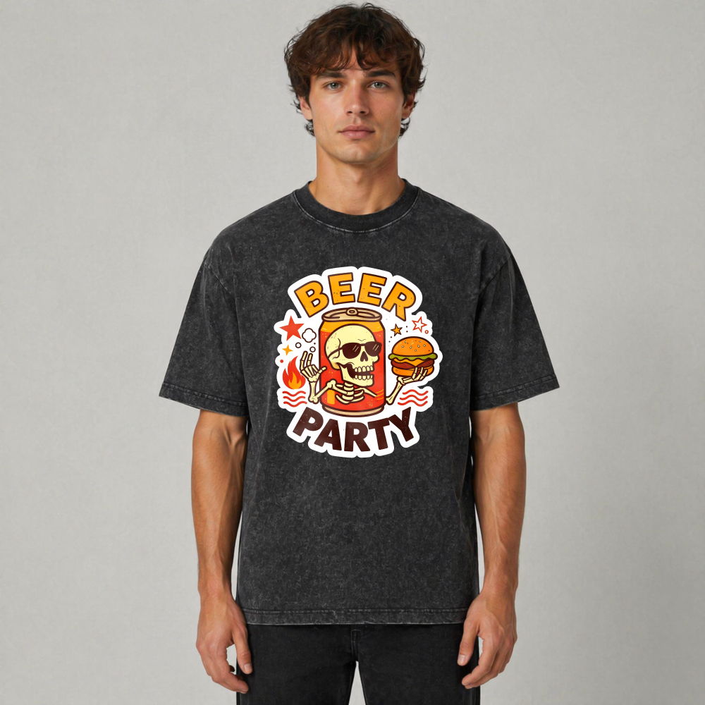 Beer Party Skull And Burger Graphic Washed T-shirt