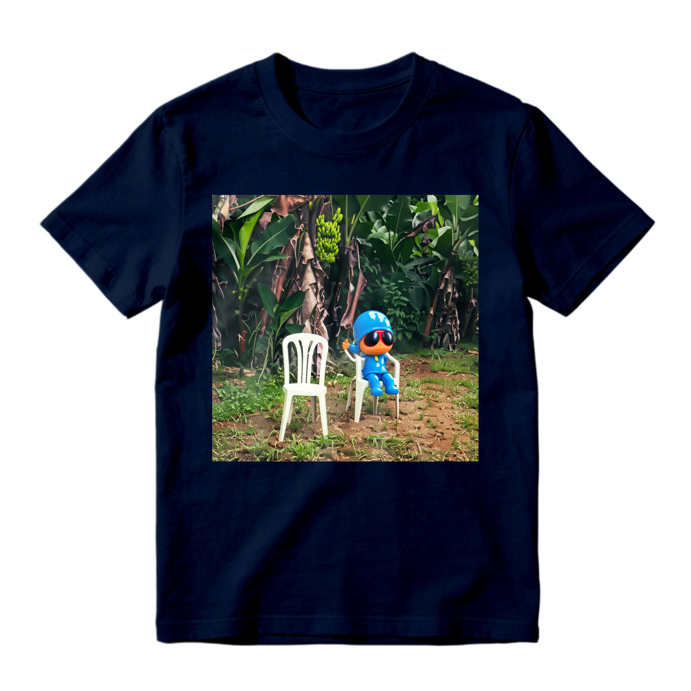 Blue Cartoon Character Sitting On White Chair In Tropical Jungle Unisex Classic T Shirt