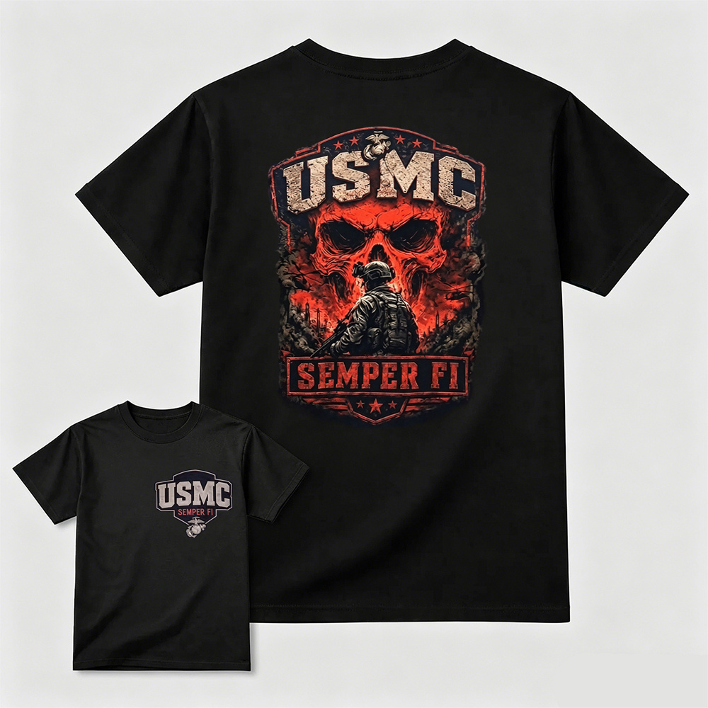 USMC Semper Fi Skull Soldier Dual-Sided Print T-Shirt | Patriotic Marine Veteran Tee