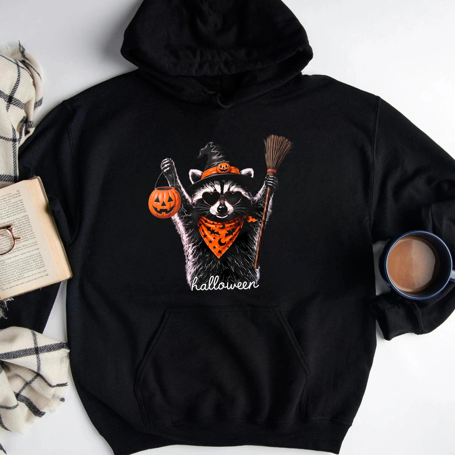 Halloween Raccoon With Pumpkin Lantern And Broom Sweatshirt