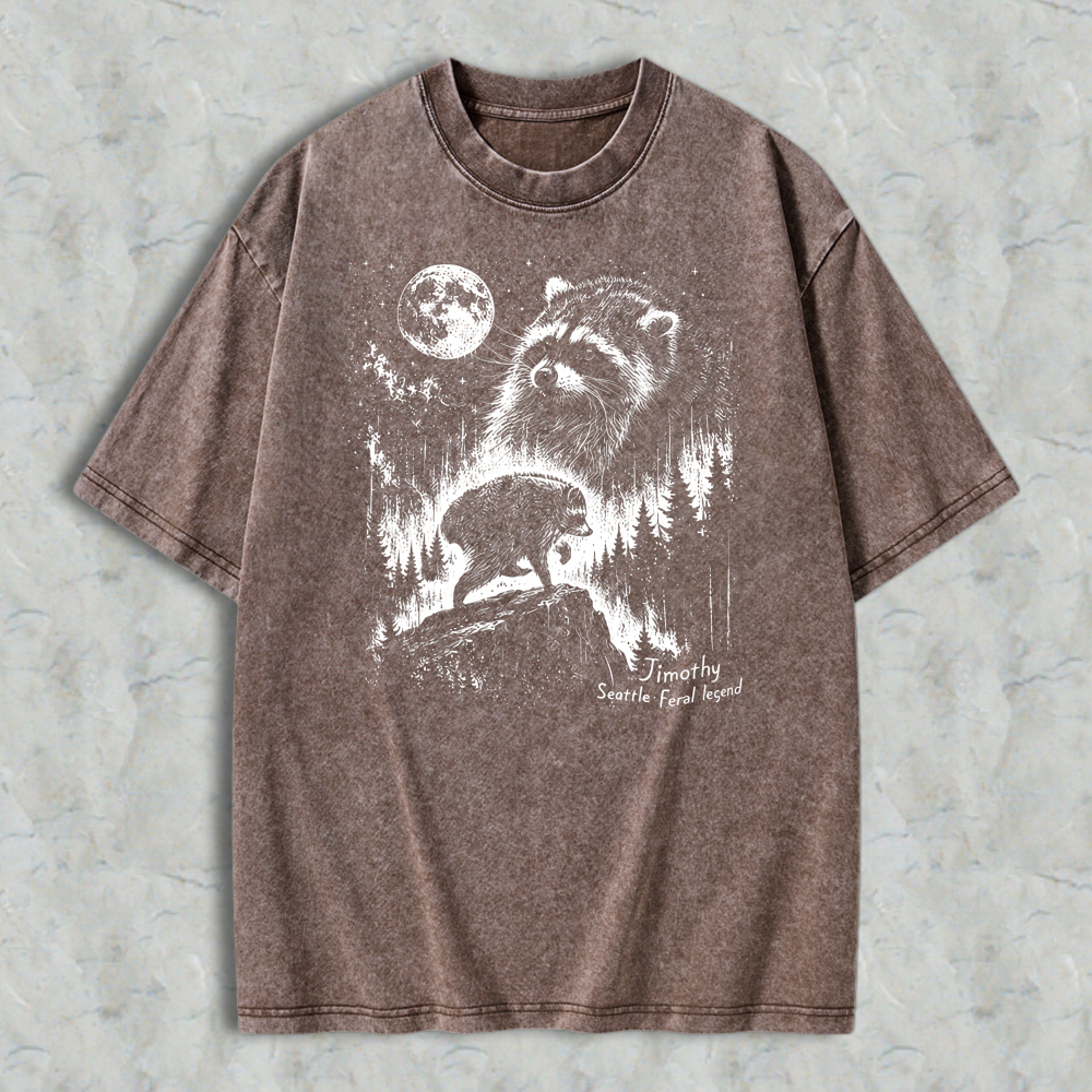 Raccoon Under Moonlight Forest Scene Washed T-shirt