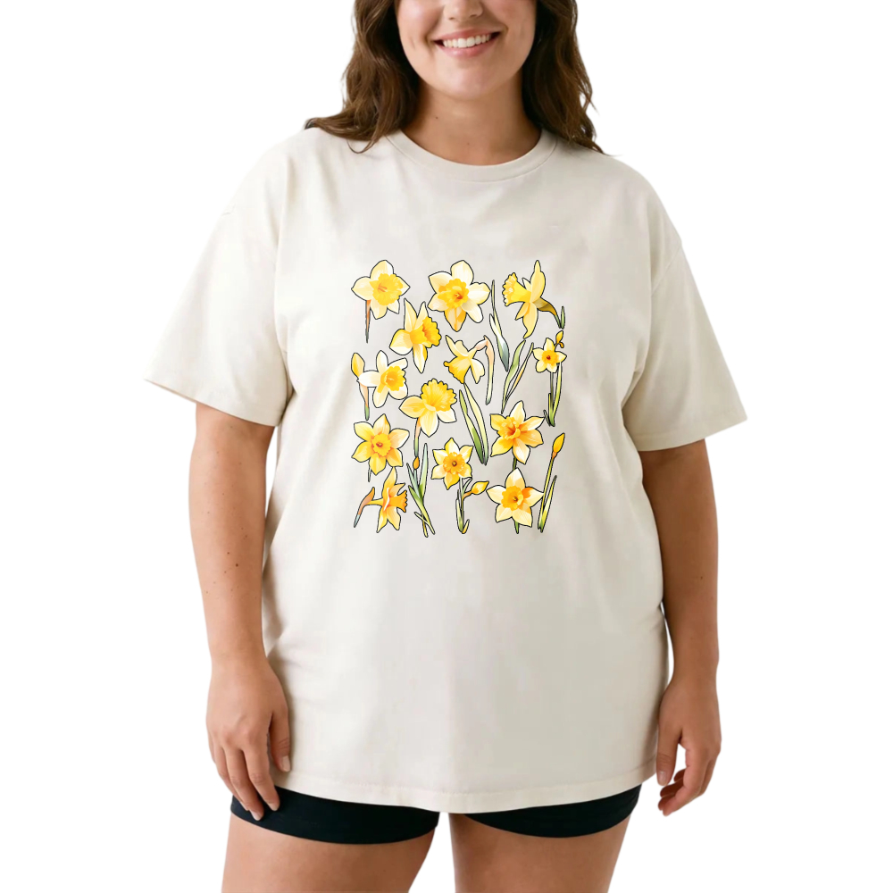 Yellow Daffodils Floral Pattern Print tshirt 100% cotton