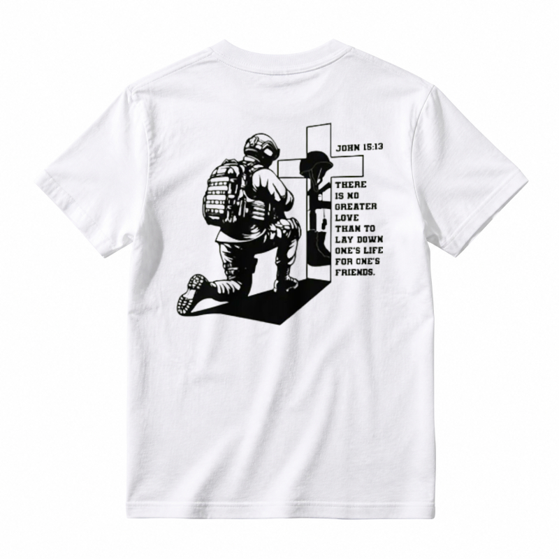 Soldier Kneeling At Cross With Bible Verse John 15:13 Unisex Classic T-shirt