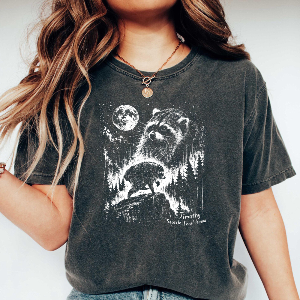 Raccoon Under Moonlight Forest Scene Washed T-shirt