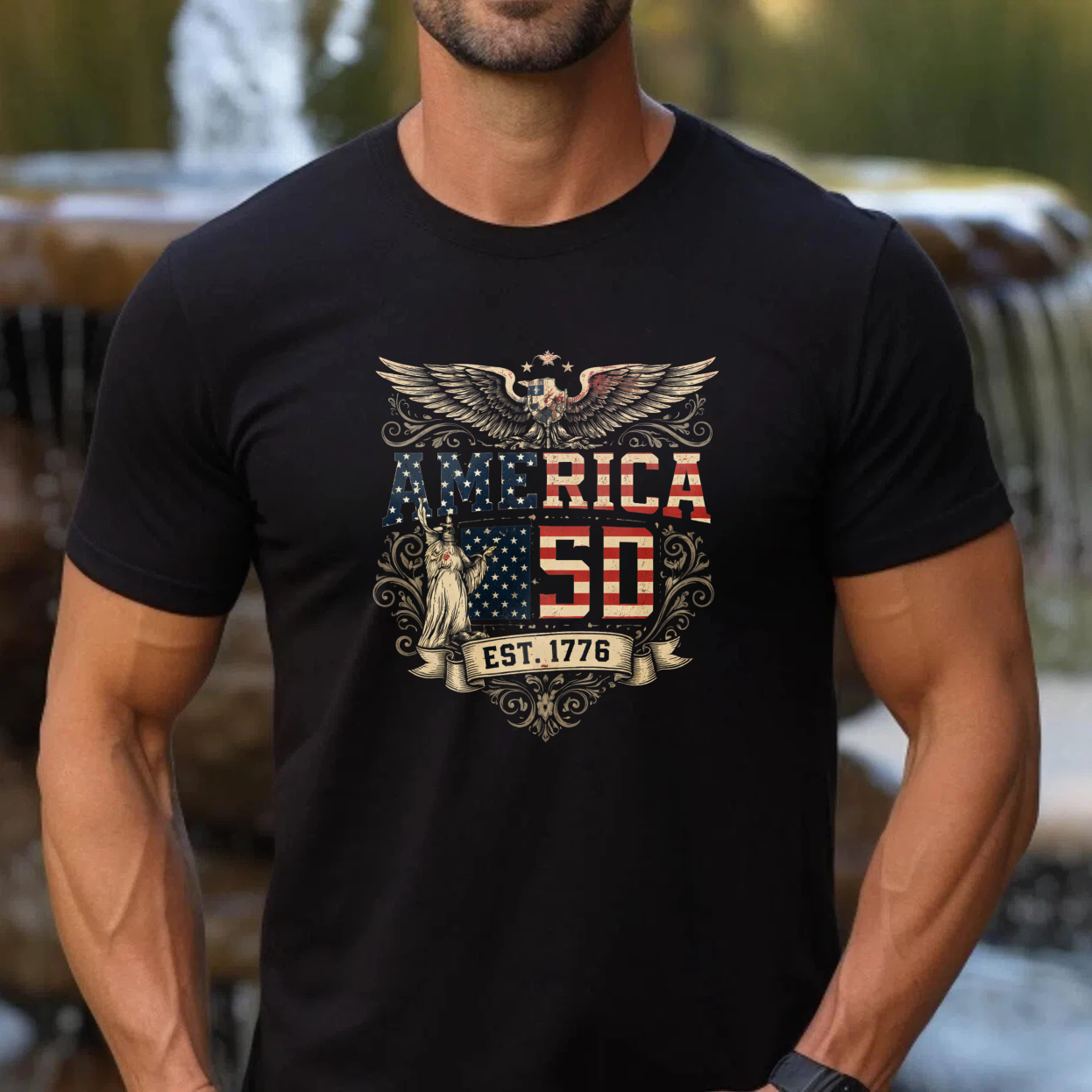 America 50 Years Independence Day Patriotic T Shirt With Statue Of Liberty And Eagle Design Est 1776 American Flag Theme Black Men Women Tee